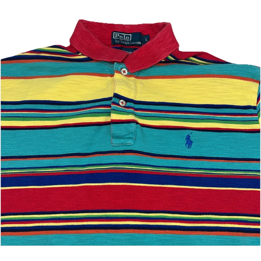 VTG 90's POLO Ralph‎ Lauren Sz LargeColor Block Vibrant Knit Polo Shirt w/ Logo